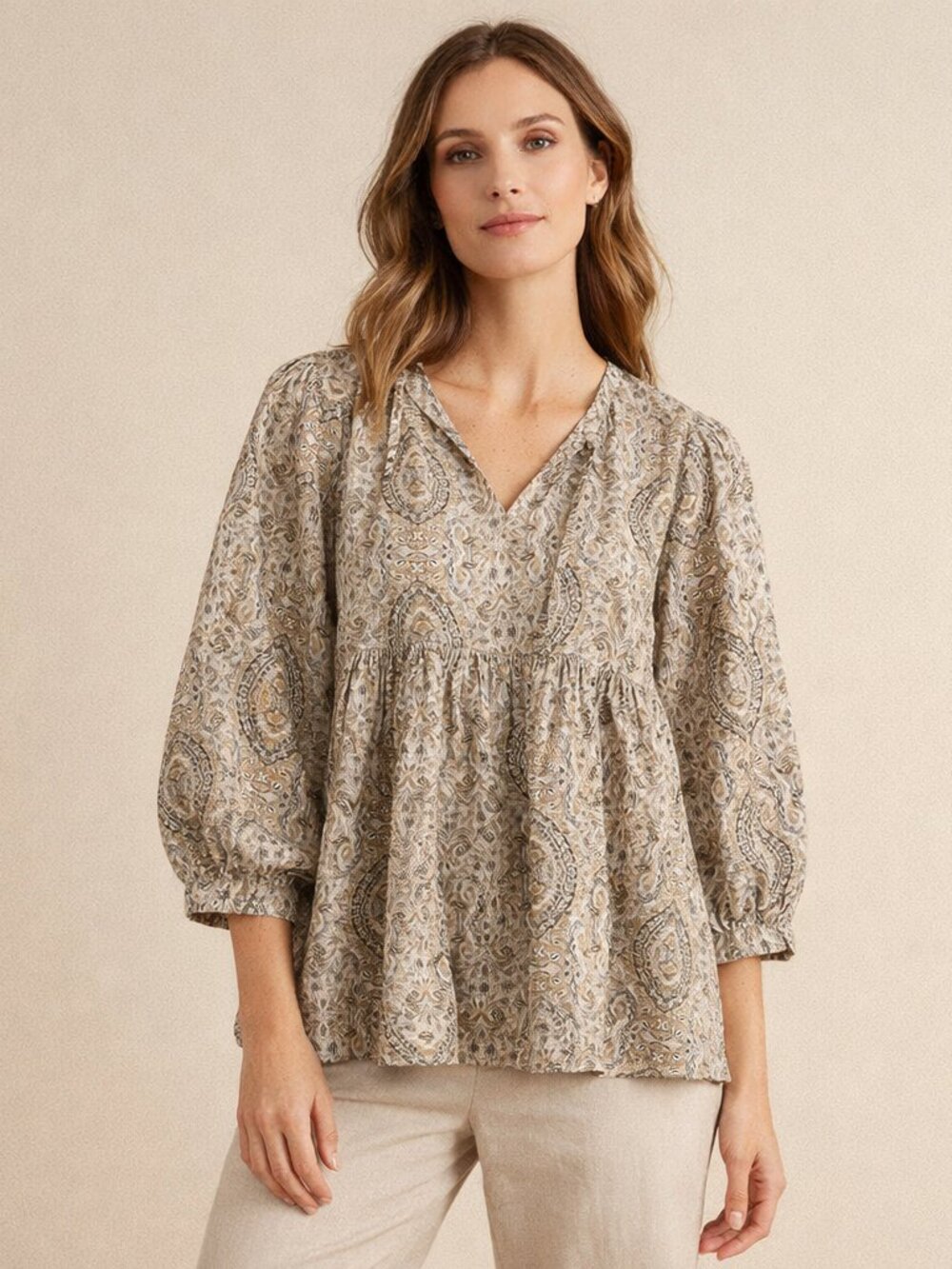 Banana Republic 3/4 Sleeve Tie Neck Tiered Paisley Cotton Boho Blouse Size XS